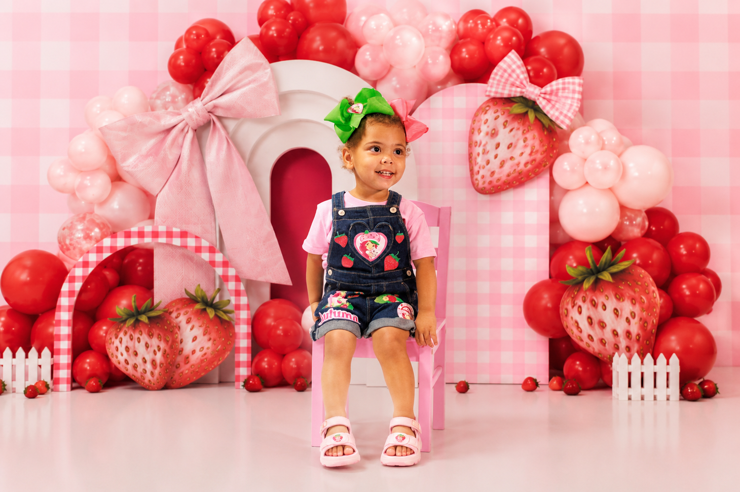Toddler girl in denim overalls sits on chair with strawberry balloon arch and pink gingham backdrop.
