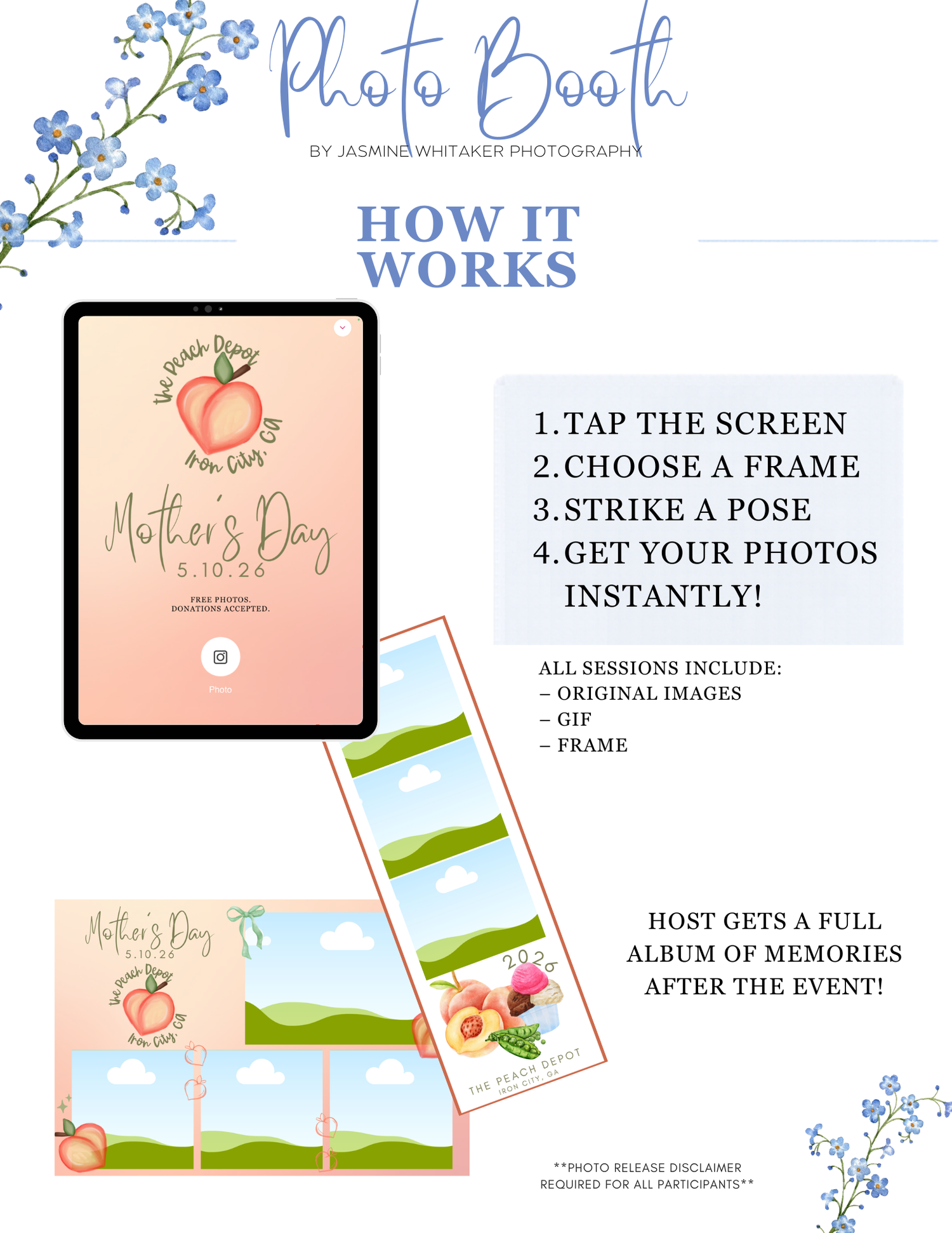 Photo booth flyer showing how it works with steps to tap screen, choose frame, strike a pose, and get photos instantly.