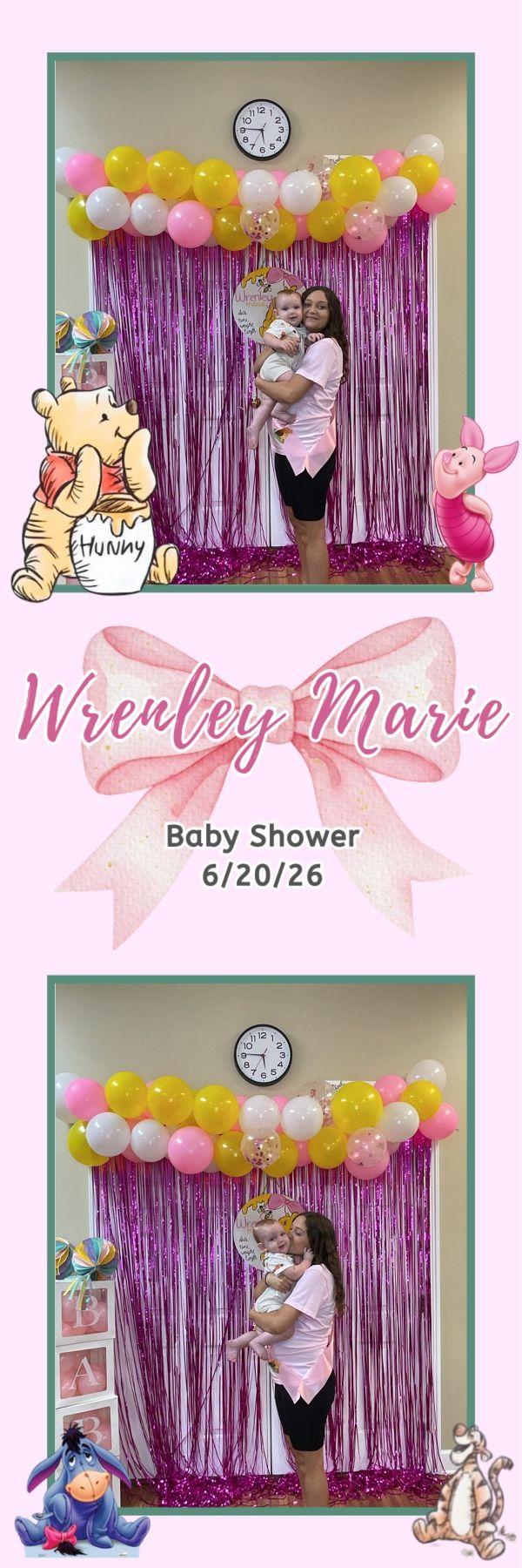 Woman holding baby at Wrenley Marie baby shower photo booth with pink tinsel backdrop and colorful balloon arch.