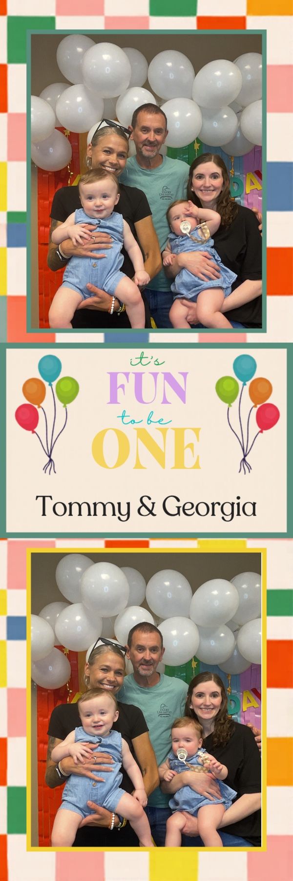 Family of four posing with twins at Tommy & Georgia's first birthday party with white balloons.
