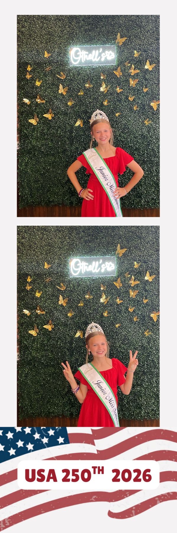 Young girl in red dress wearing a pageant crown and sash poses in front of a green wall with gold butterflies.