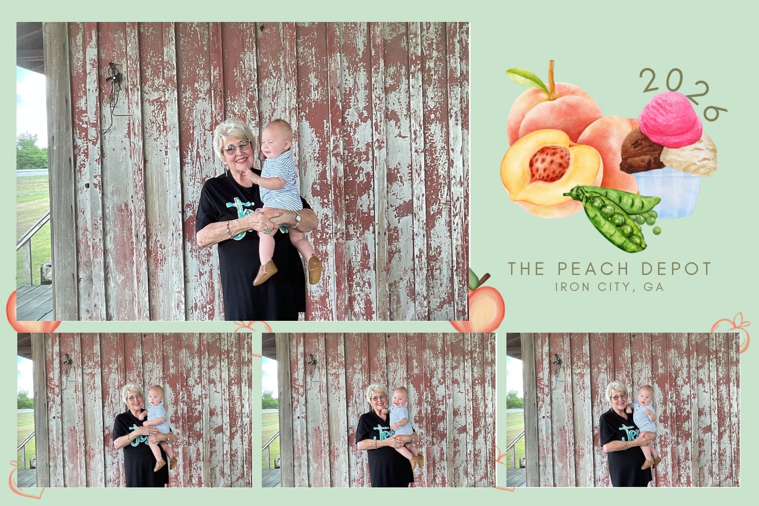 Photo booth strip from The Peach Depot in Iron City, GA showing a woman holding a baby in front of a rustic wooden wall.