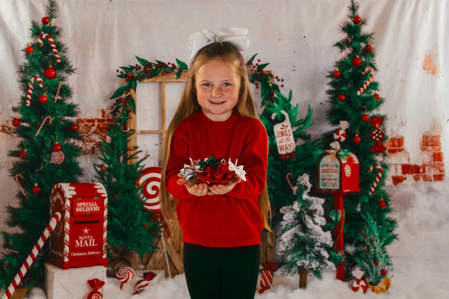 Smiling girl in red sweater holds Christmas ornament in front of holiday backdrop.
