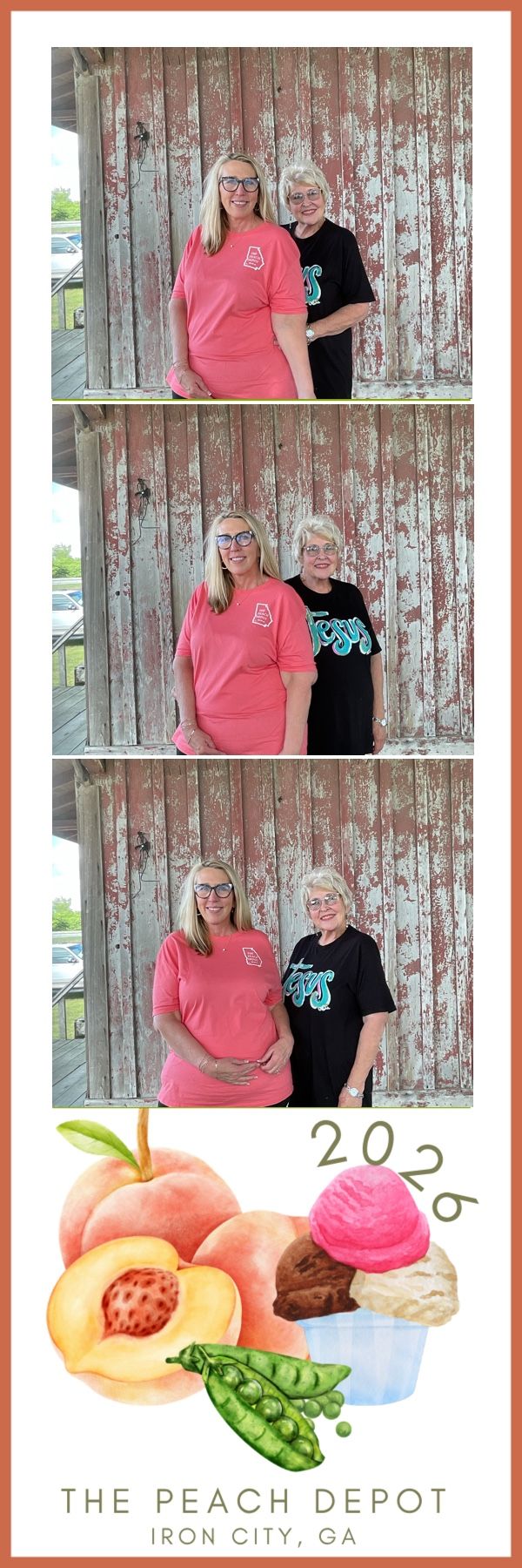 Two women posing for photos at The Peach Depot photo booth in Iron City, GA, 2026.