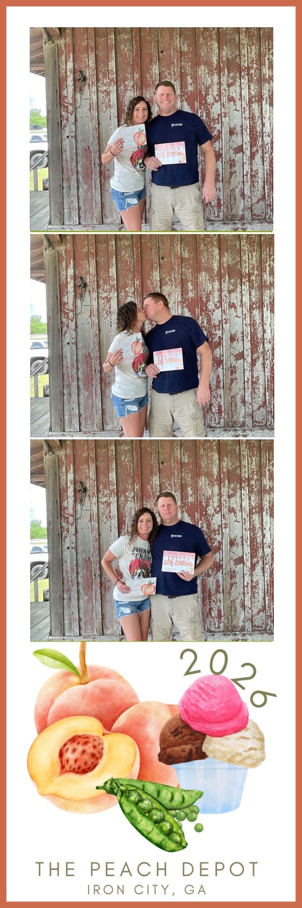 Couple posing in photo booth strip at The Peach Depot in Iron City, GA, 2026, with rustic barn wood background.