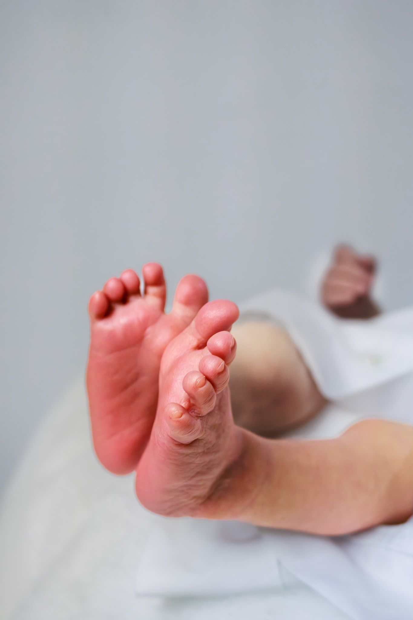 Close-up of newborn baby feet with tiny toes resting on a white blanket.
