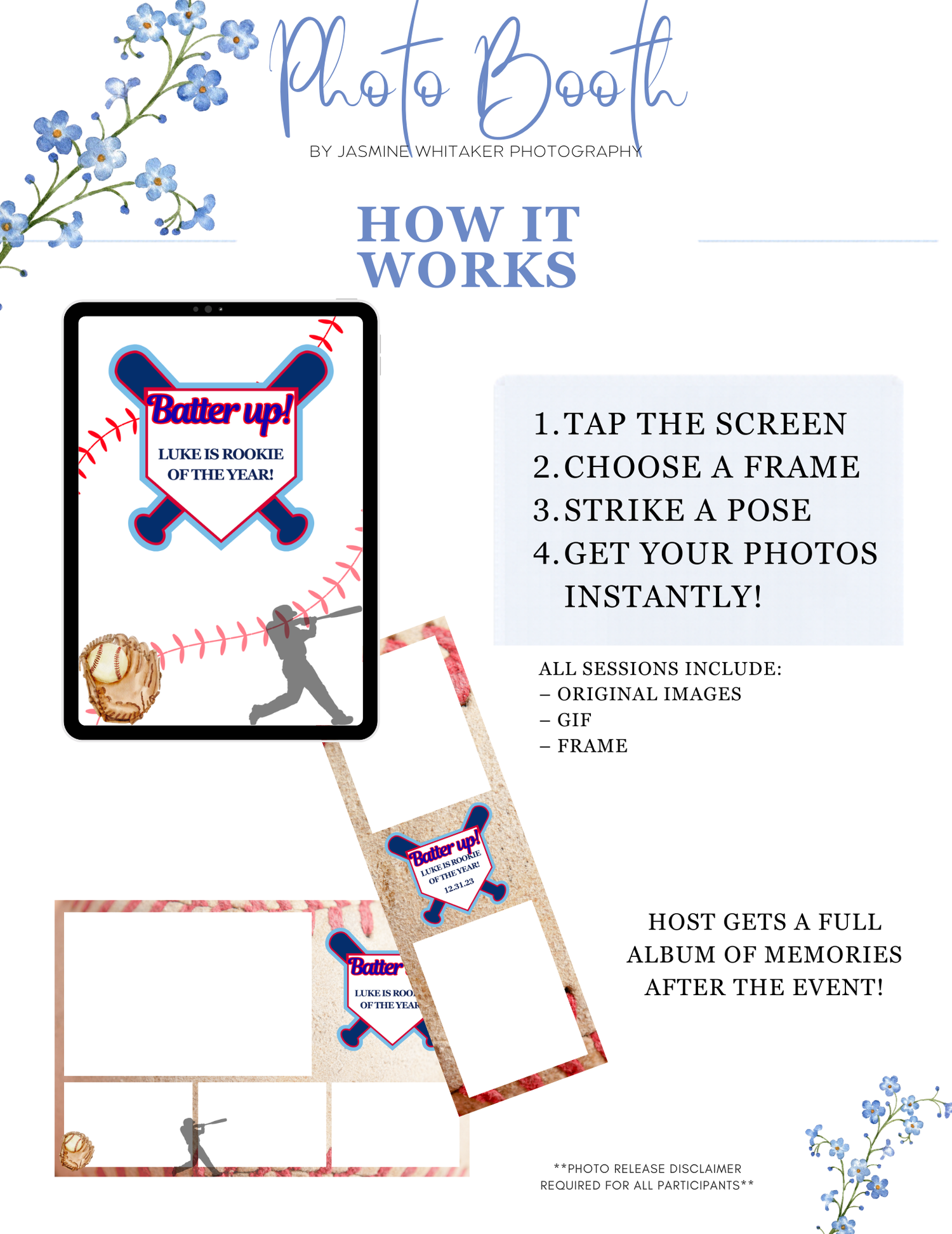 Baseball-themed photo booth flyer by Jasmine Whitaker Photography showing how it works with four easy steps and frame samples.
