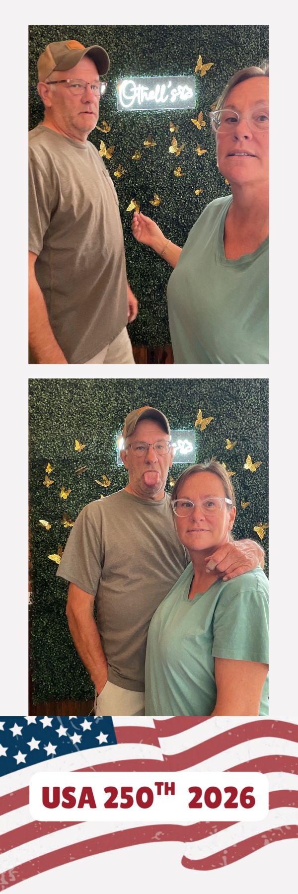 An older couple takes fun photo booth pictures against a green hedge wall with gold butterflies and neon sign.
