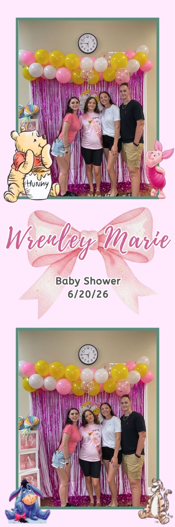 Group of four pose at Wrenley Marie baby shower photo booth with pink fringe curtain and balloon arch.