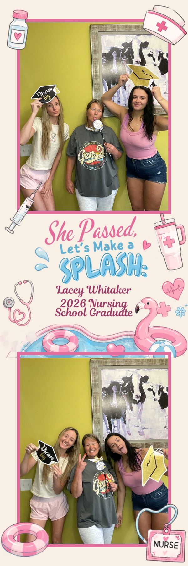 Photo booth strip celebrating Lacey Whitaker 2026 nursing school graduate with three women posing with fun props.