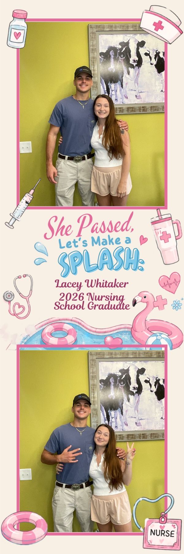 Photo booth strip celebrating Lacey Whitaker, 2026 Nursing School Graduate, featuring two poses with a man and woman at a pool party.