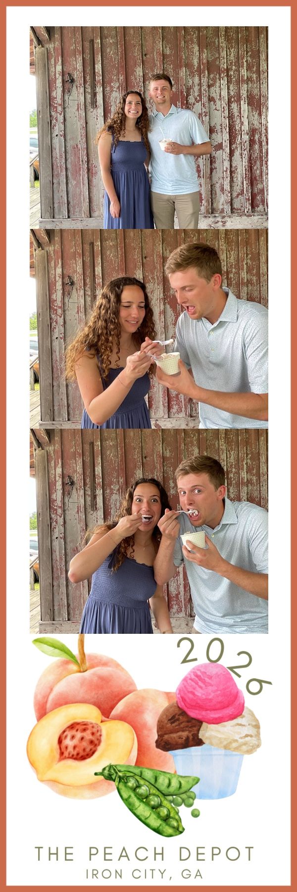 Couple sharing ice cream in playful photo booth strips at The Peach Depot in Iron City, GA, 2026.