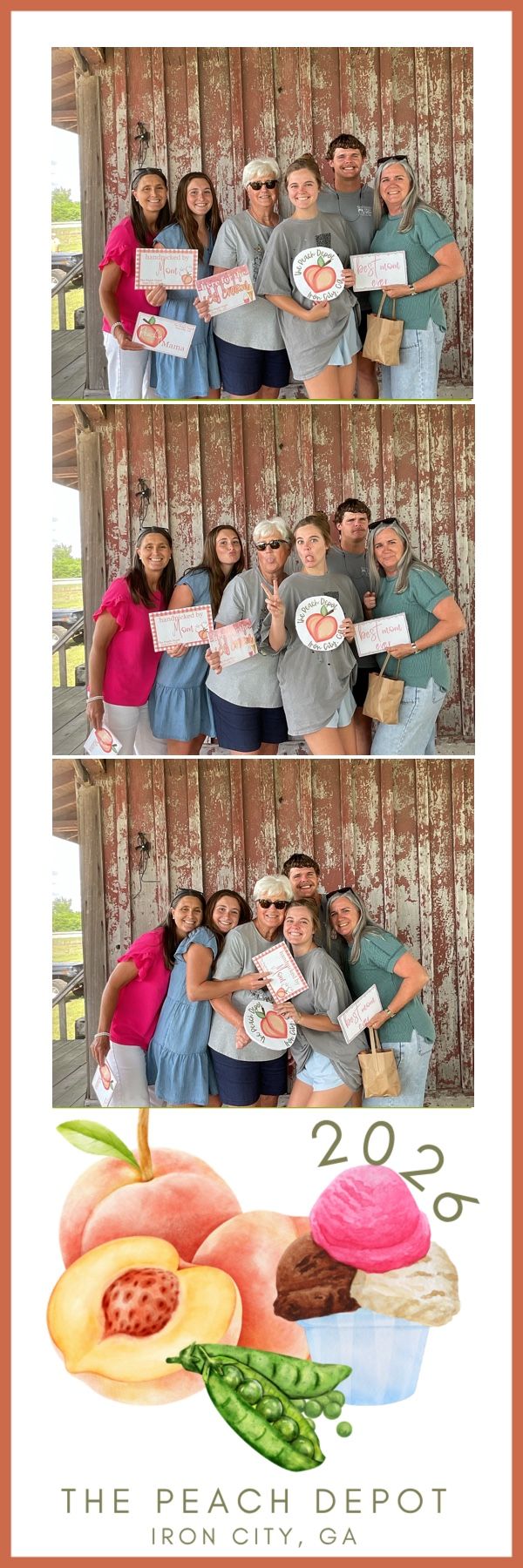 Group of friends smile in photo booth strips at The Peach Depot in Iron City, GA, 2026.