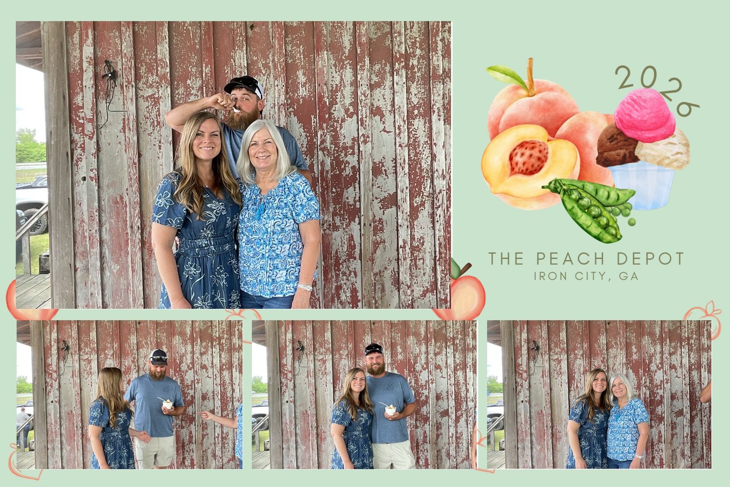Photo booth strip from The Peach Depot in Iron City, GA featuring couples posing in front of a rustic wooden barn backdrop.