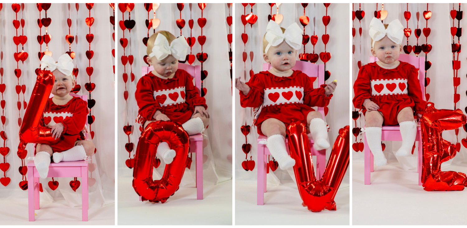 Four-panel Valentine's Day photo of twin toddlers in red outfits with LOVE balloons and heart decorations.