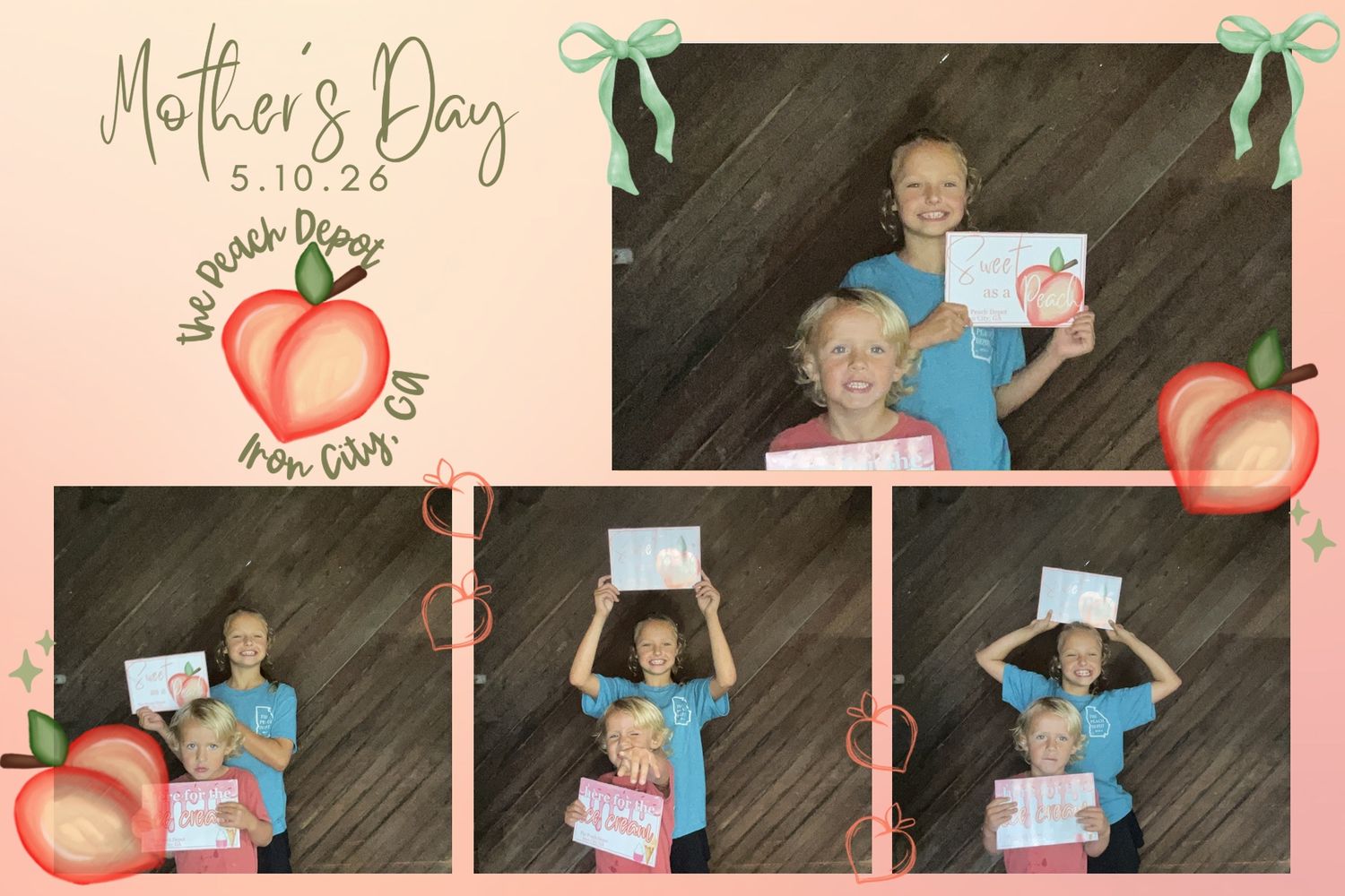 Two children pose with Mothers Day cards at The Peach Depot photo booth in Iron City, GA.