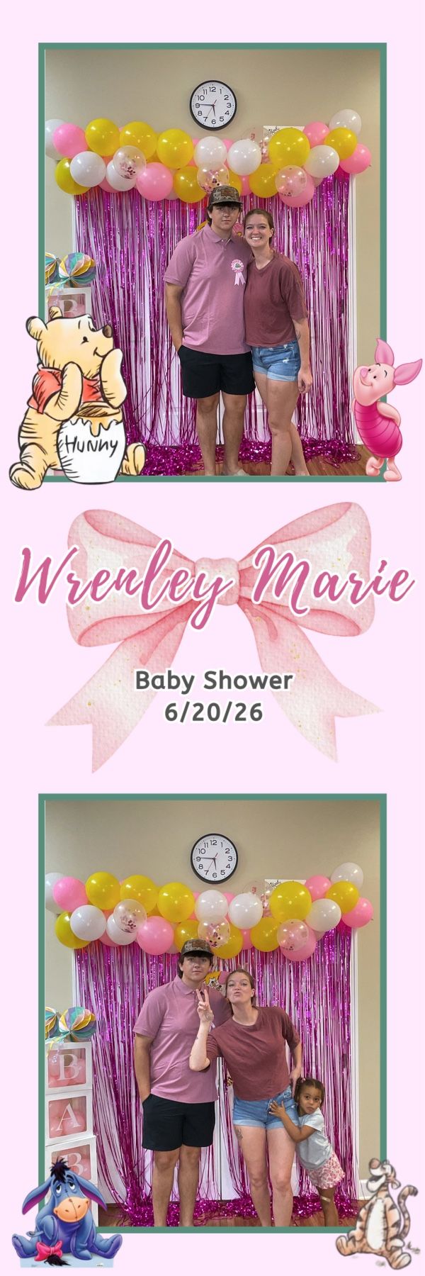 Baby shower photo booth strip for Wrenley Marie featuring a couple posing before pink balloon arch with Winnie the Pooh decorations.