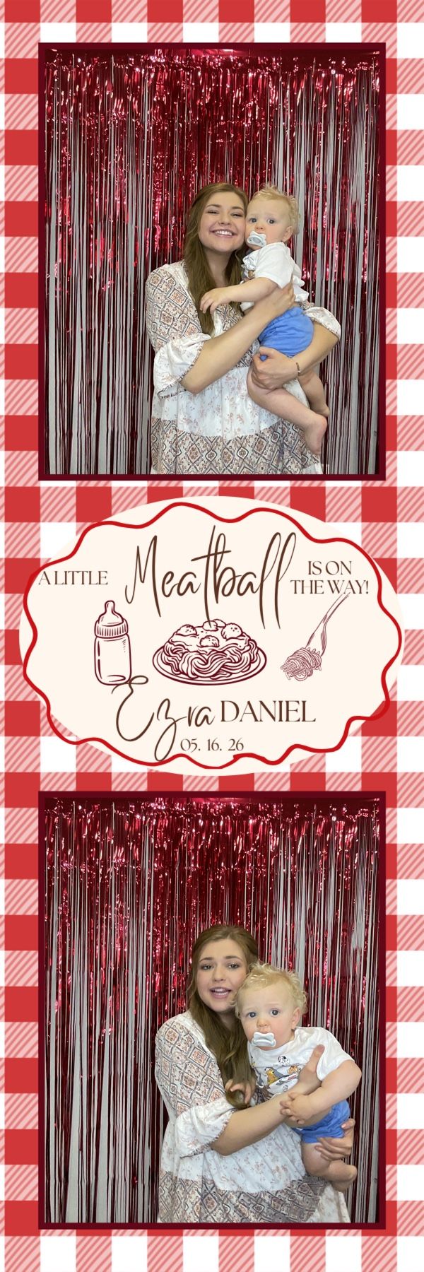 Photo booth strip from Ezra Daniel baby shower with red gingham border, woman holding baby in front of red tinsel curtain.