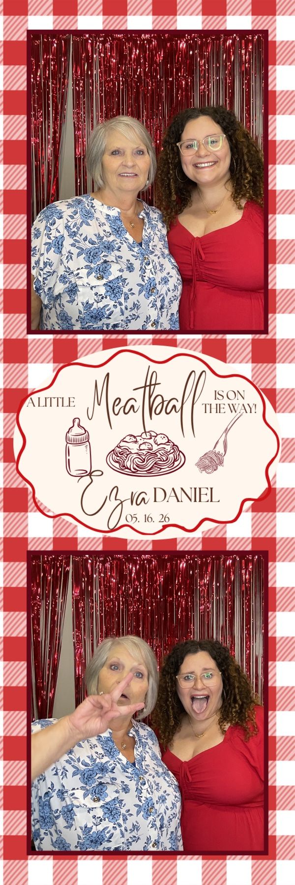 Two women pose at a meatball-themed baby shower photo booth with red gingham border and sparkly backdrop.