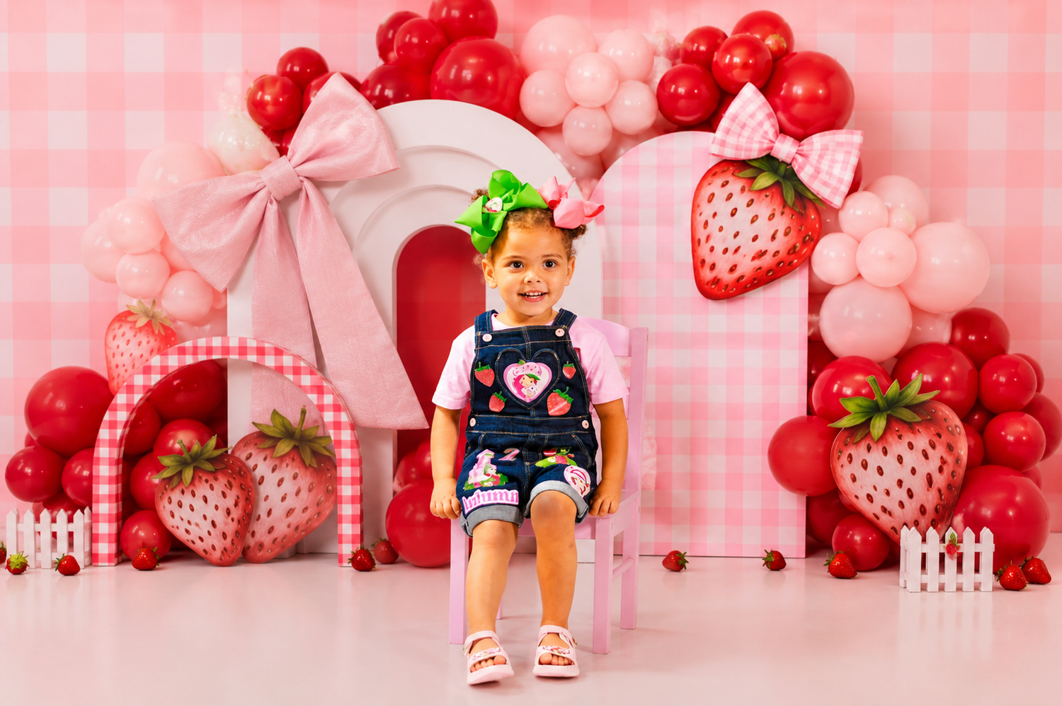 A young girl sits smiling at a strawberry-themed birthday party backdrop with pink balloons and decorations.