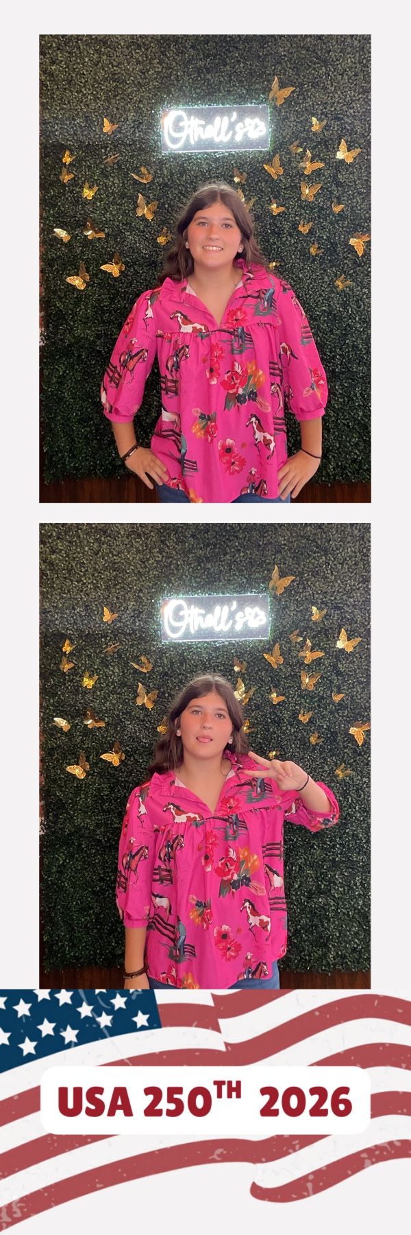 Young girl in pink floral shirt poses at USA 250th 2026 photo booth with butterfly wall backdrop.