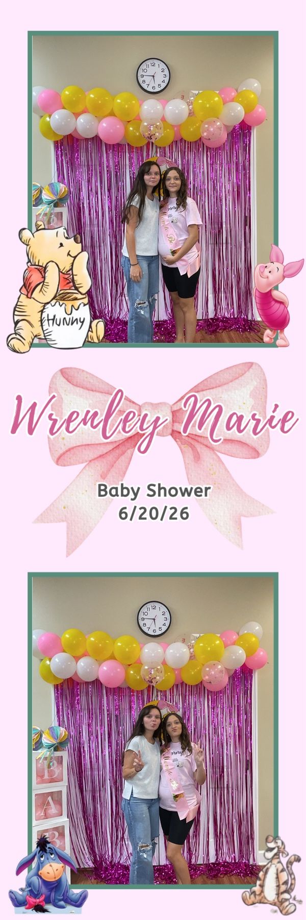 Two girls pose at Wrenley Marie baby shower photo booth with pink fringe backdrop and colorful balloon arch.