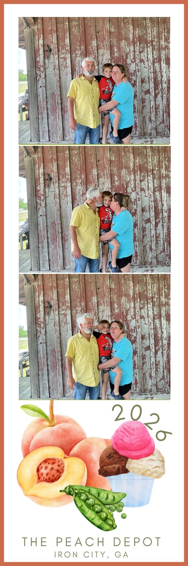 Grandparents and young child in three-pose photo booth strip at The Peach Depot Iron City GA 2026.