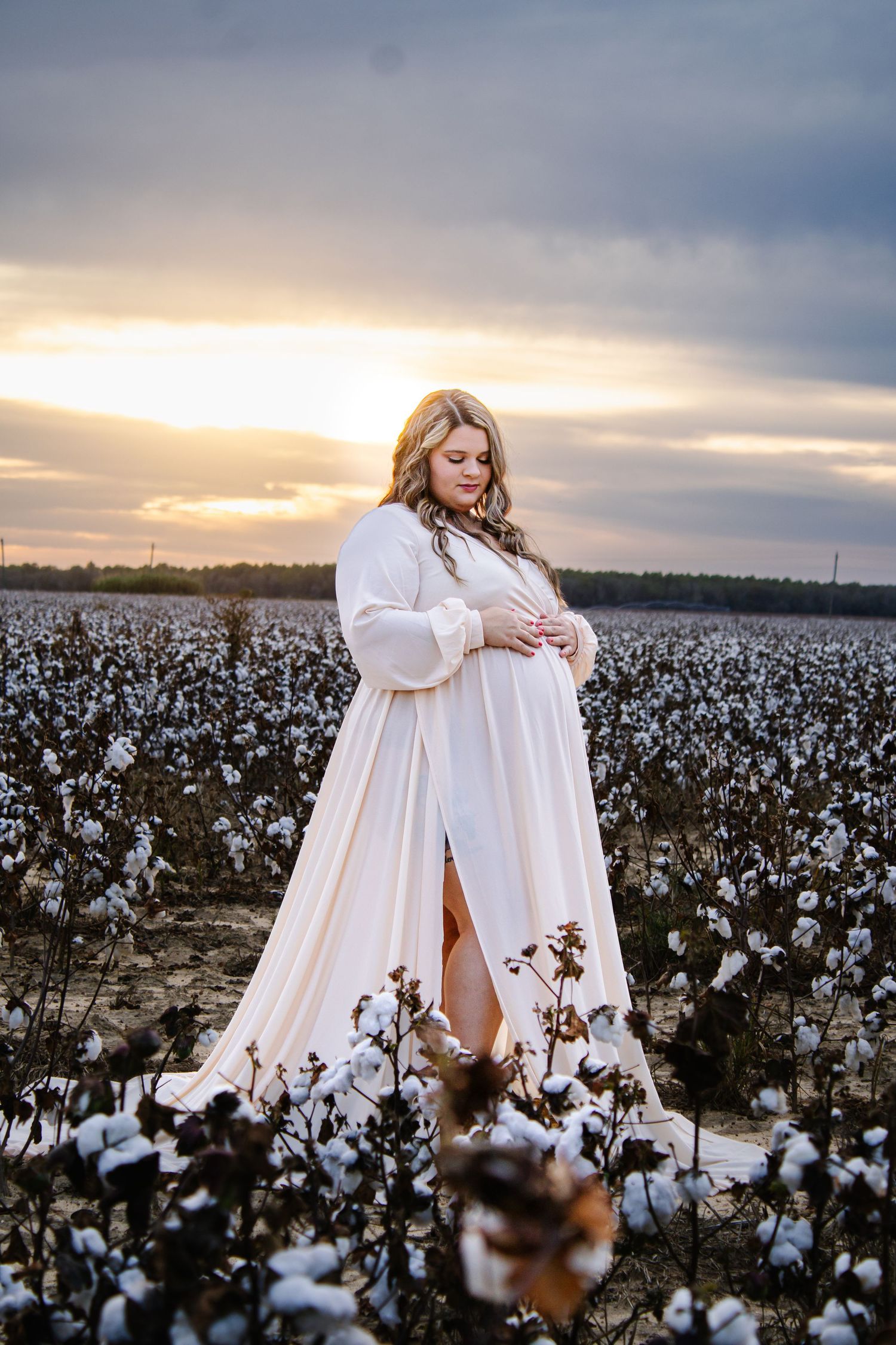 Pregnant woman in white flowing gown standing in cotton field at sunset.