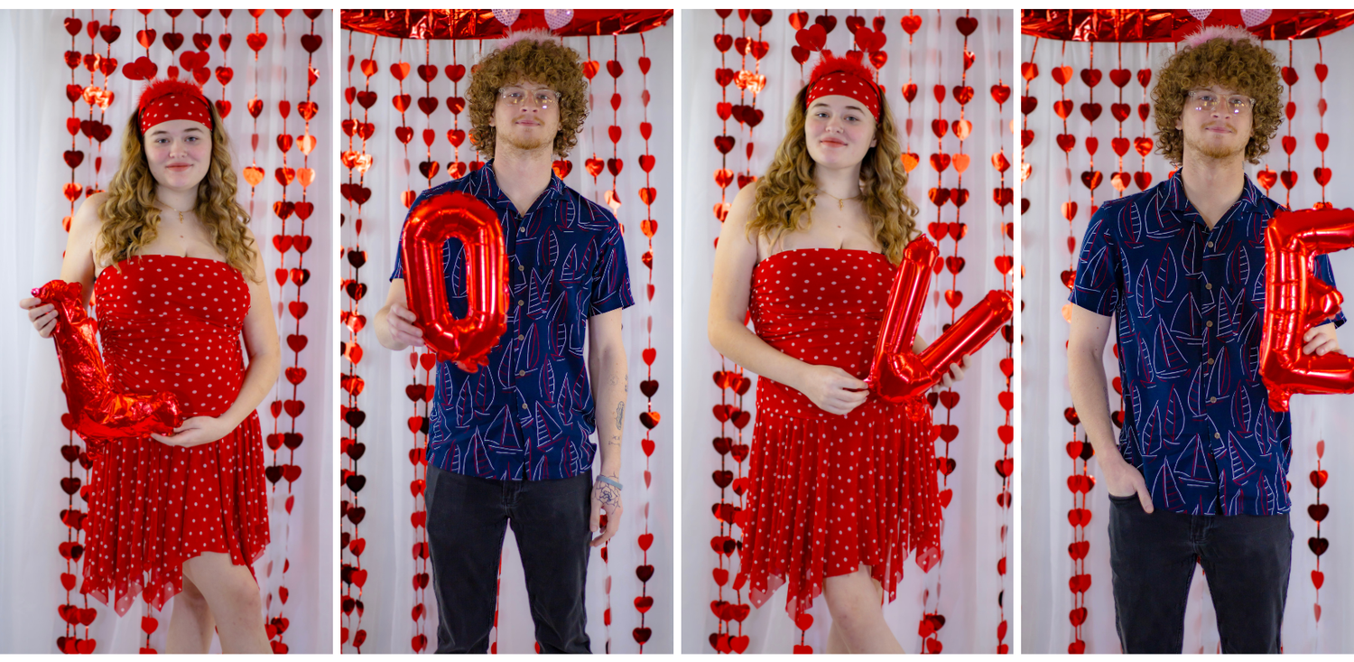 Collage of a couple in Valentine's Day outfits holding red balloon numbers against heart curtains.