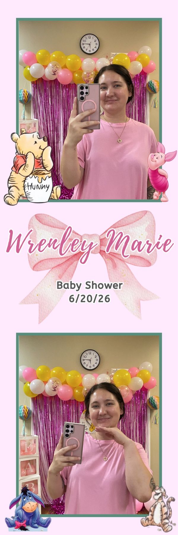 Woman in pink takes mirror selfie at Wrenley Marie Baby Shower 6/20/26 with Winnie the Pooh balloon backdrop.