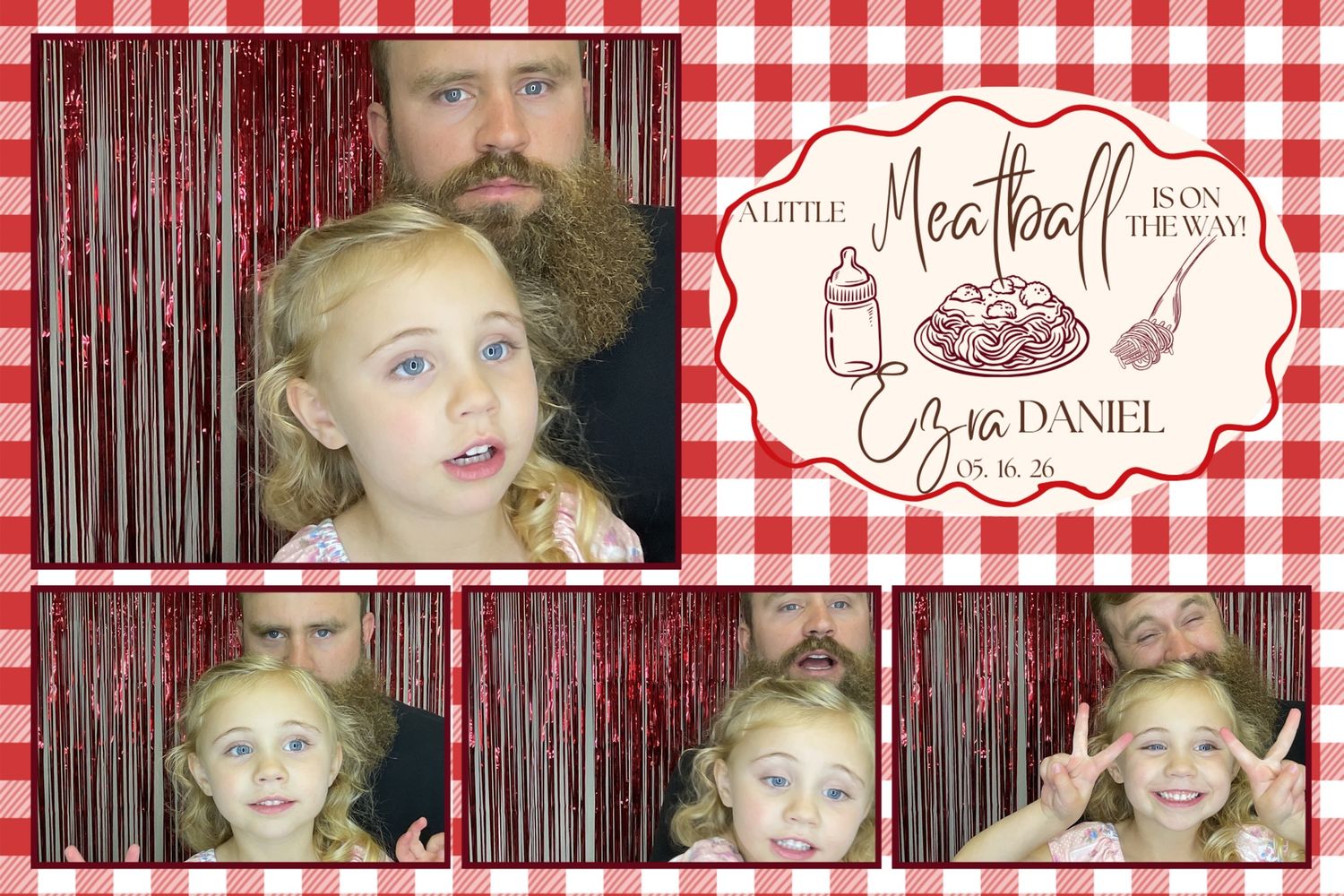 Photo booth strip of a man and young girl posing at a Meatball baby shower for Ezra Daniel on red gingham.