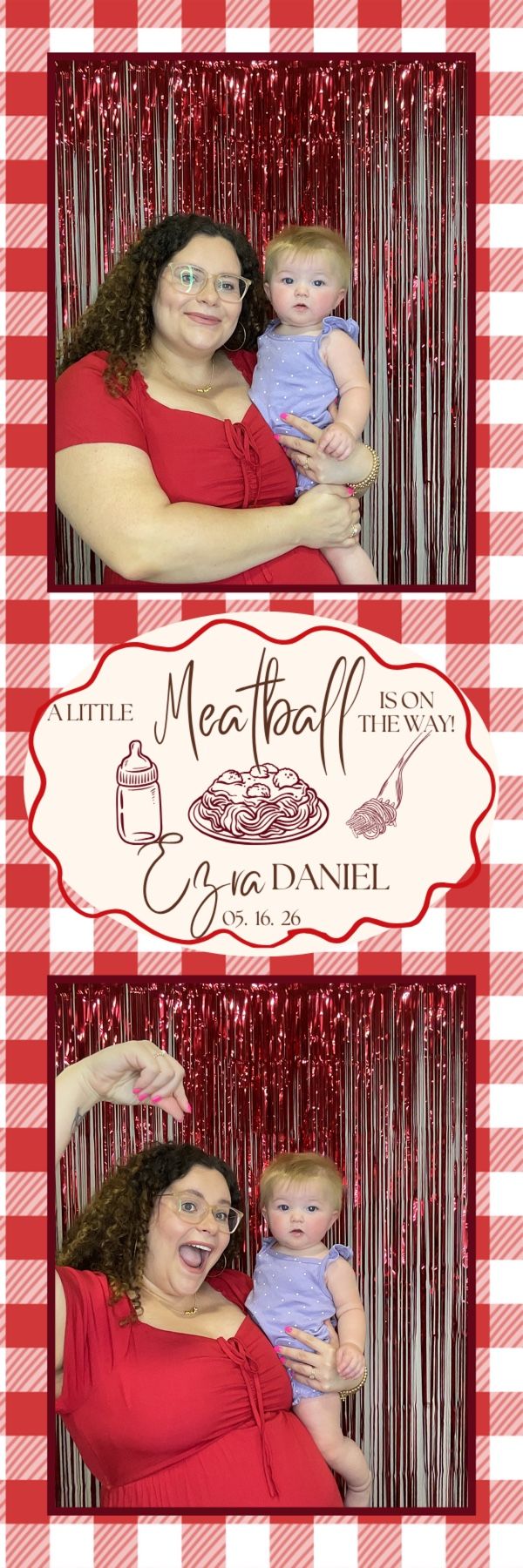 Woman in red dress holds a baby at a meatball-themed baby shower photo booth backdrop.