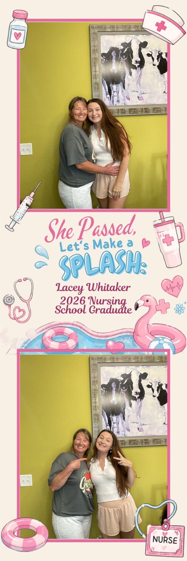 Photo booth strip of two women celebrating Lacey Whitaker 2026 nursing school graduation with a splash theme.