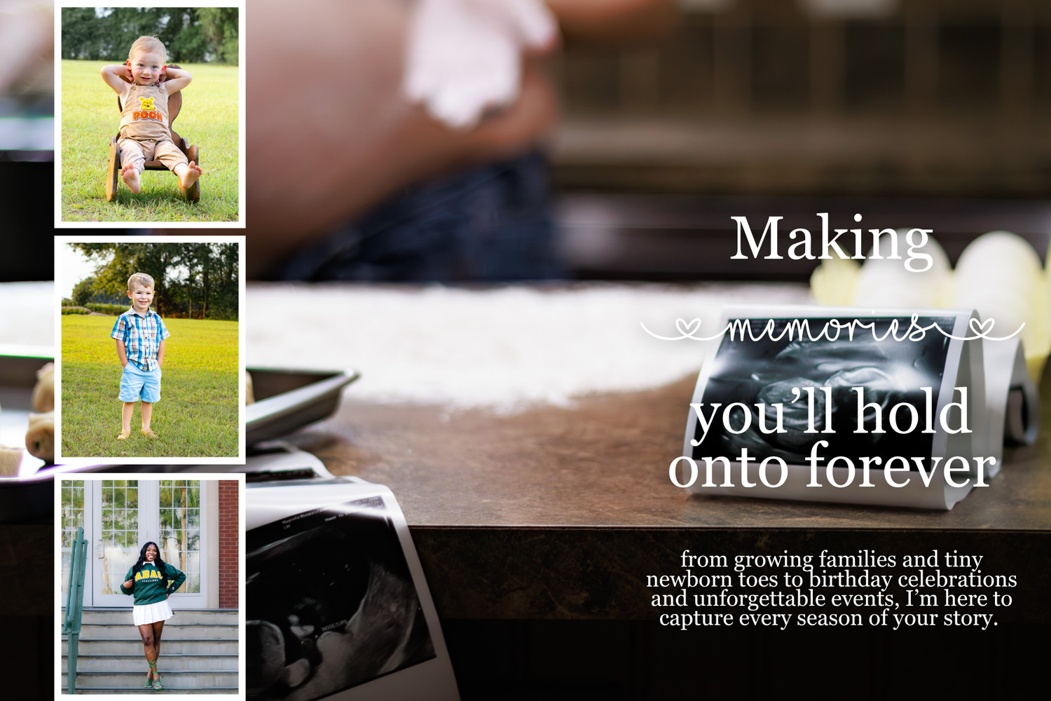 A photography studio collage showcasing family portraits and a newborn with text about capturing cherished memories forever.