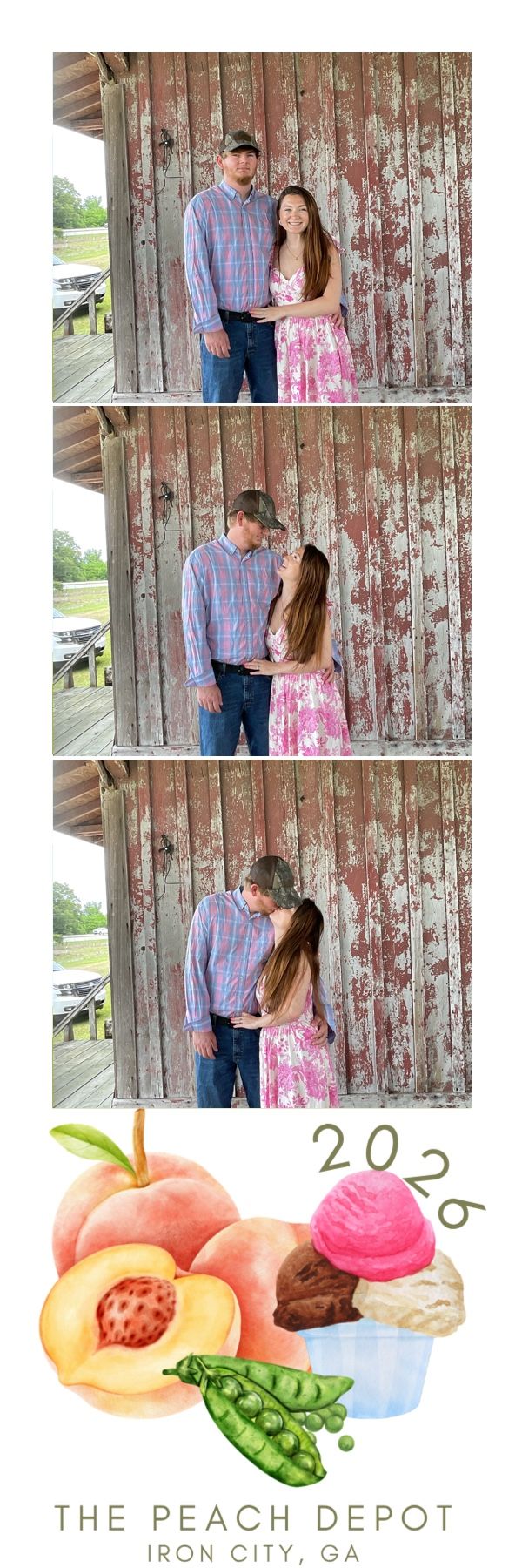 Young couple sharing a romantic moment at The Peach Depot photo booth in Iron City, GA, against a rustic barn backdrop.