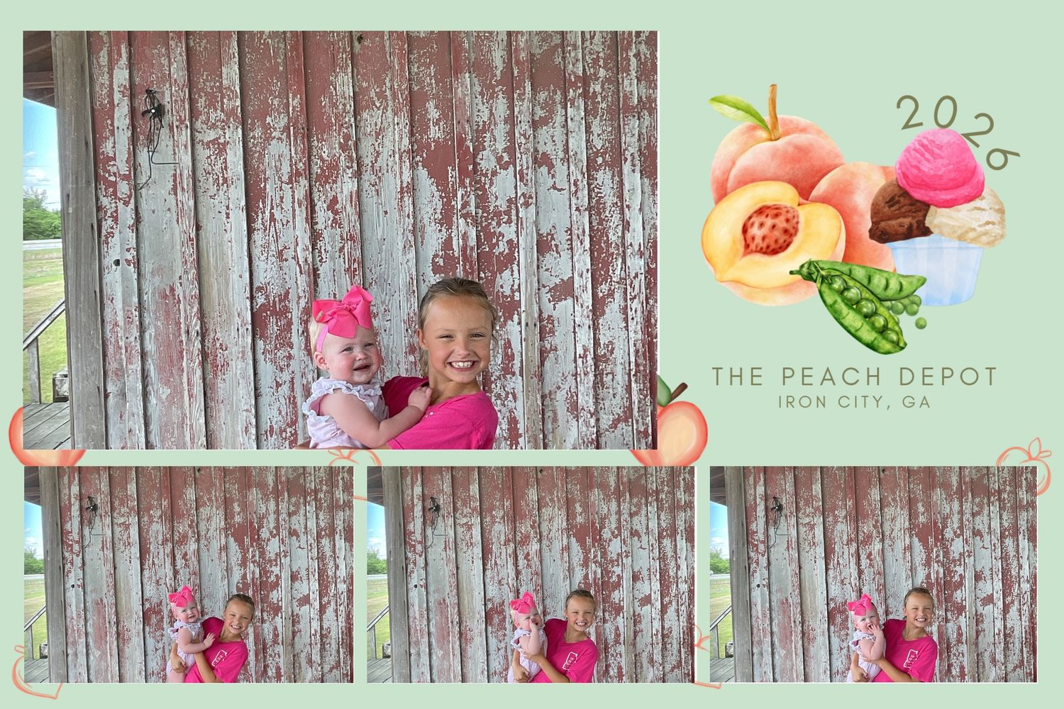 Photo booth strip from The Peach Depot Iron City GA featuring a young girl holding a baby with a pink bow outdoors.