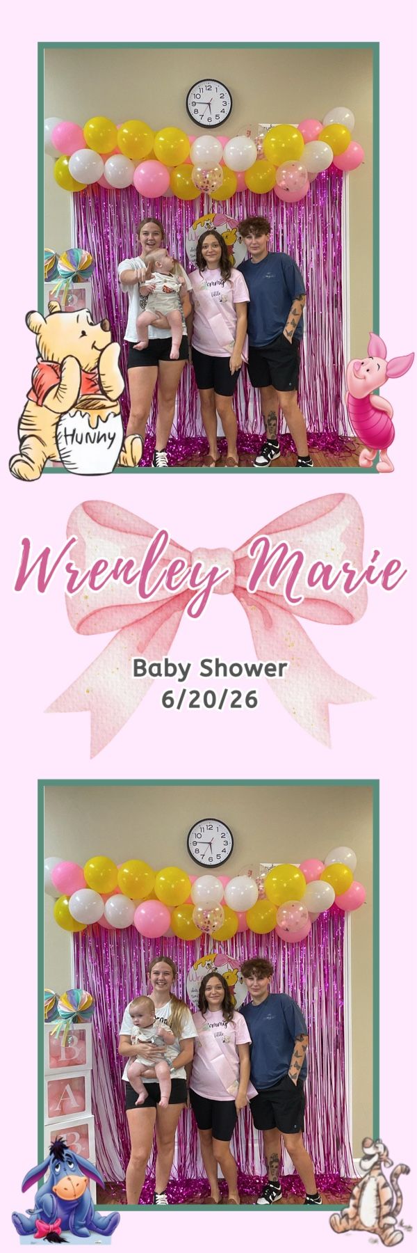 Group photo at Wrenley Marie baby shower with Winnie the Pooh theme, pink balloons, and metallic fringe backdrop.