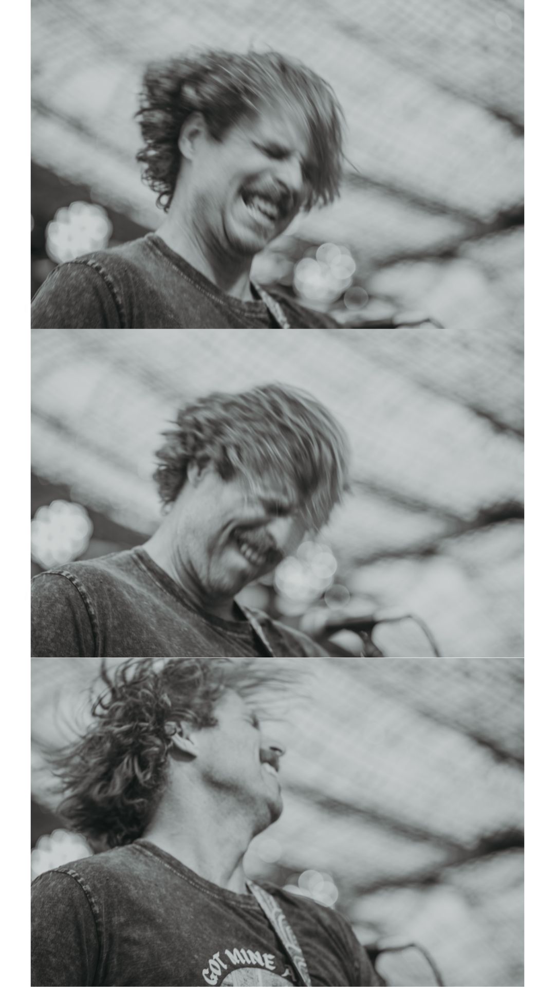 Black and white triptych of a smiling man with wavy hair, captured in three candid moments at an outdoor event.