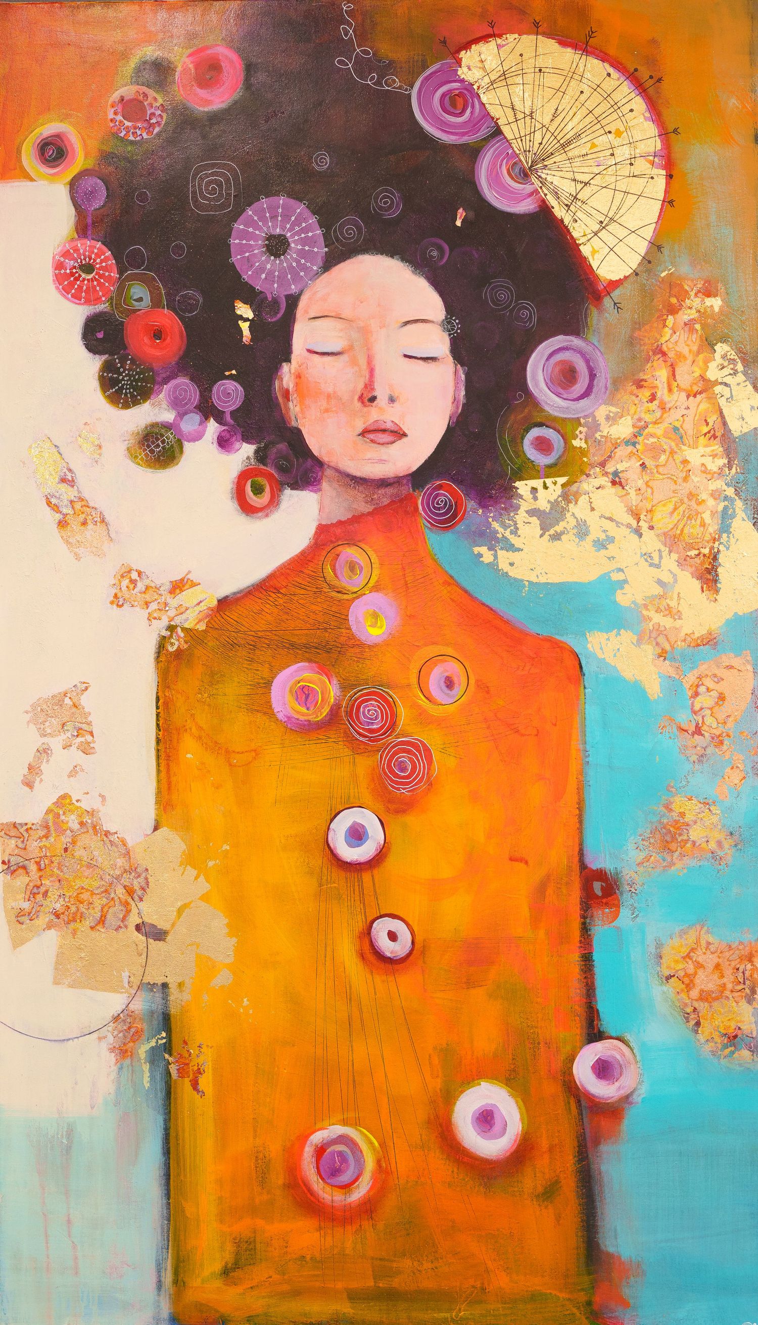 Colorful mixed media painting of a woman in orange with floral circles in her dark hair.