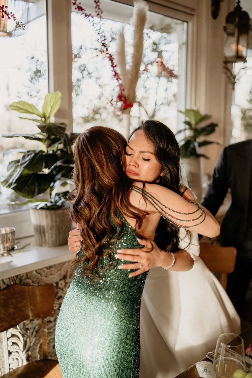Two people in formal attire embrace and share an emotional moment in an elegant sunlit room with greenery and window views.