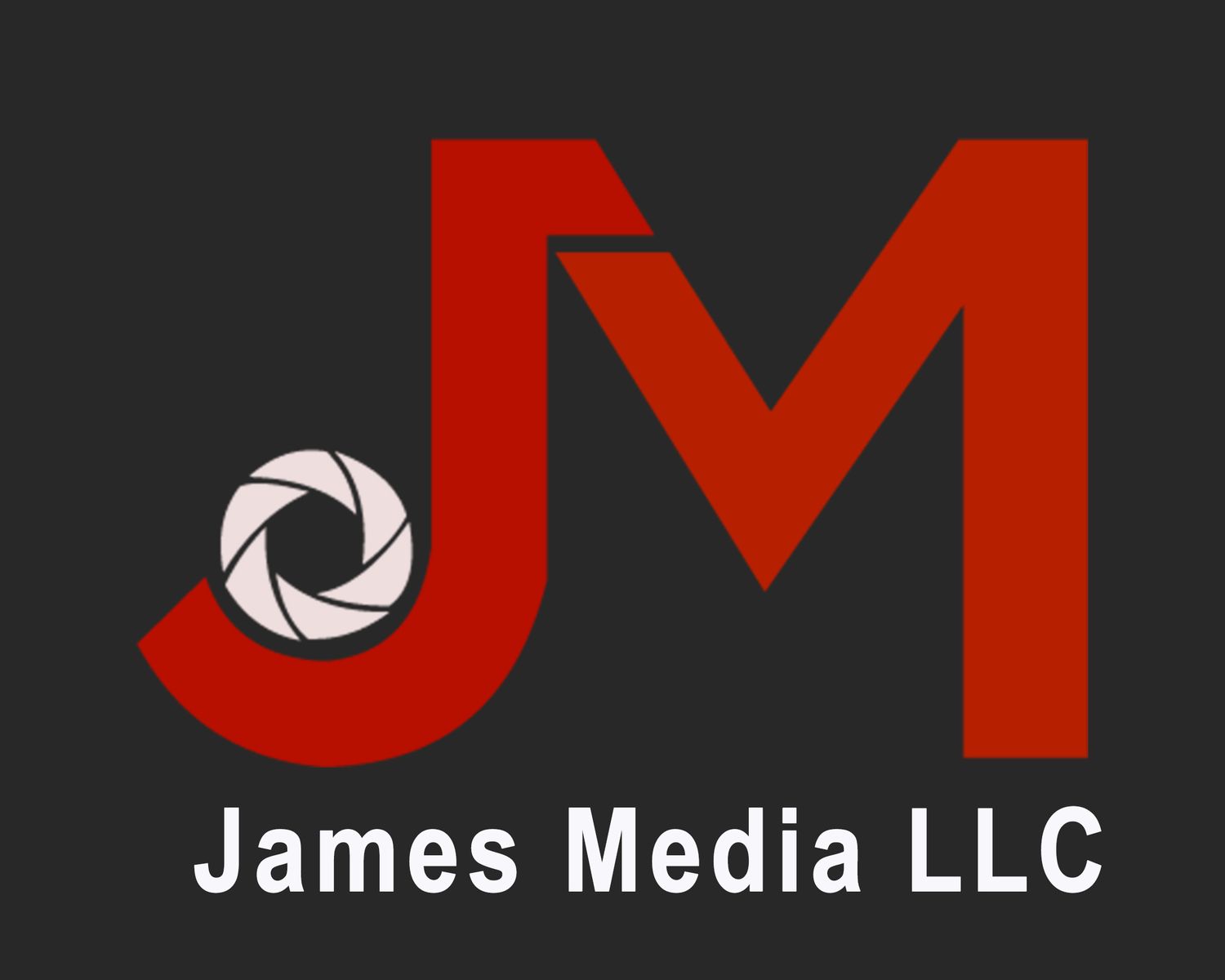 Red JM logo design for James Media LLC with aperture-style camera lens graphic on a dark background.