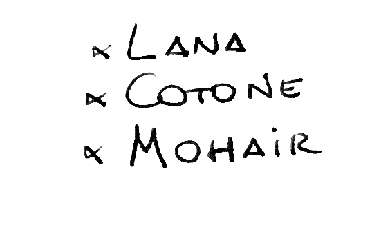 A handwritten text shows different fiber types including lana, cotone, and mohair written in capital letters.