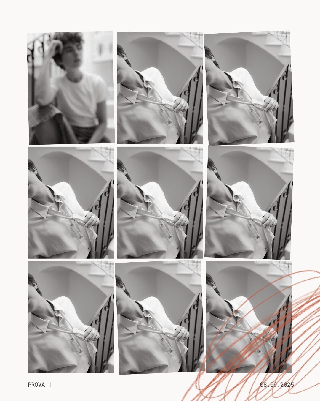 A series of black and white photographs arranged in a grid pattern with red sketched lines overlaid on some images.