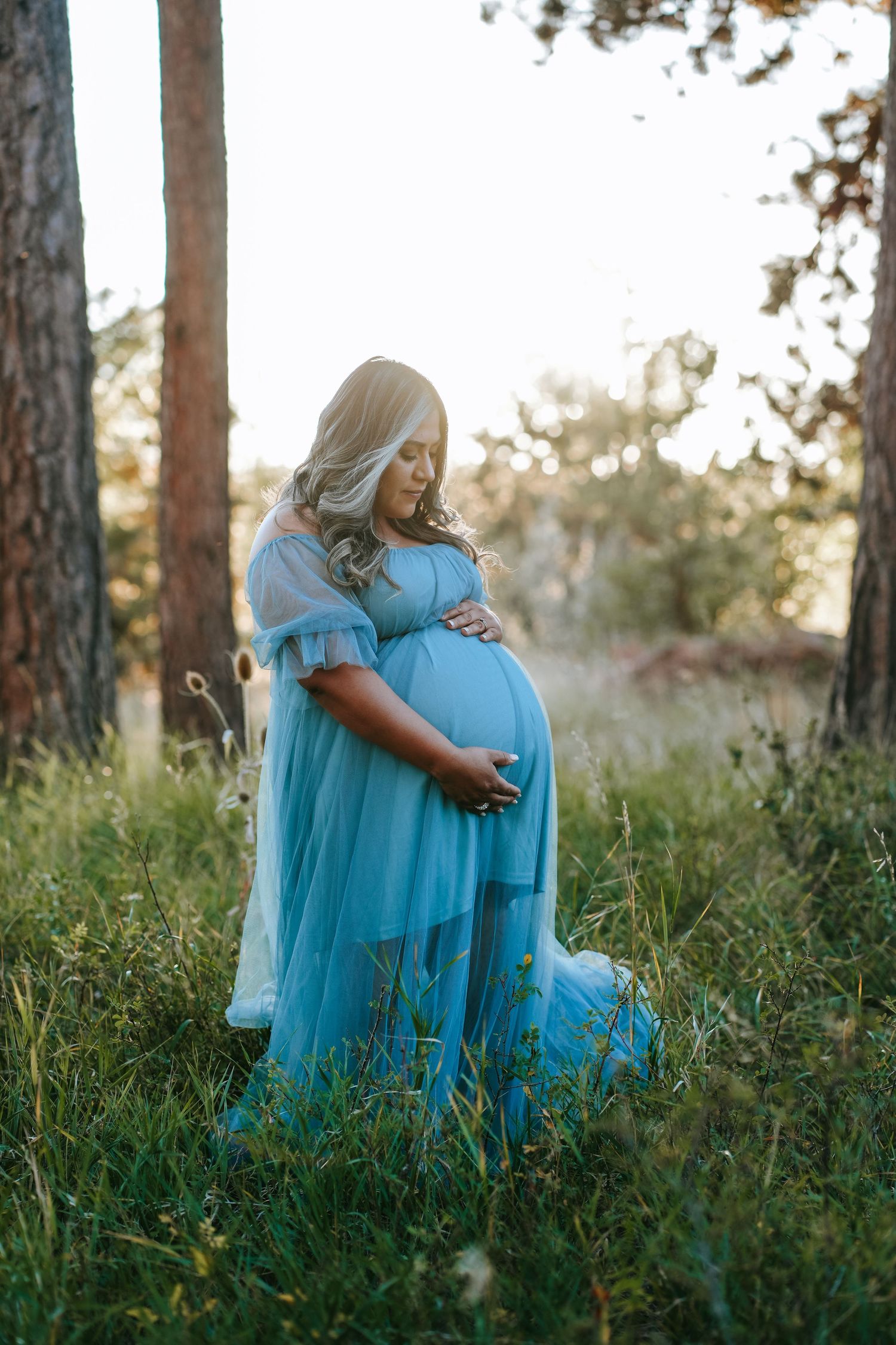 Pregnant woman in flowing blue gown cradling her belly in a sunlit forest meadow.