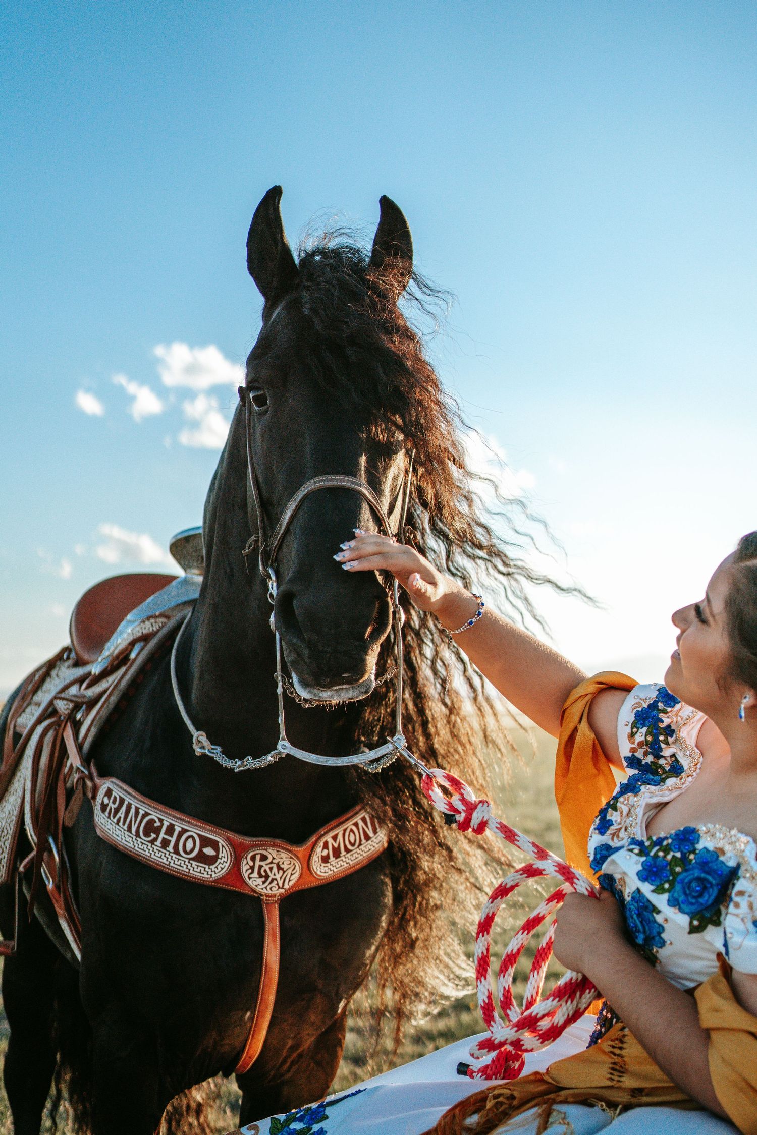 Young woman in quinceañera dress gently petting decorated black horse under blue sky.