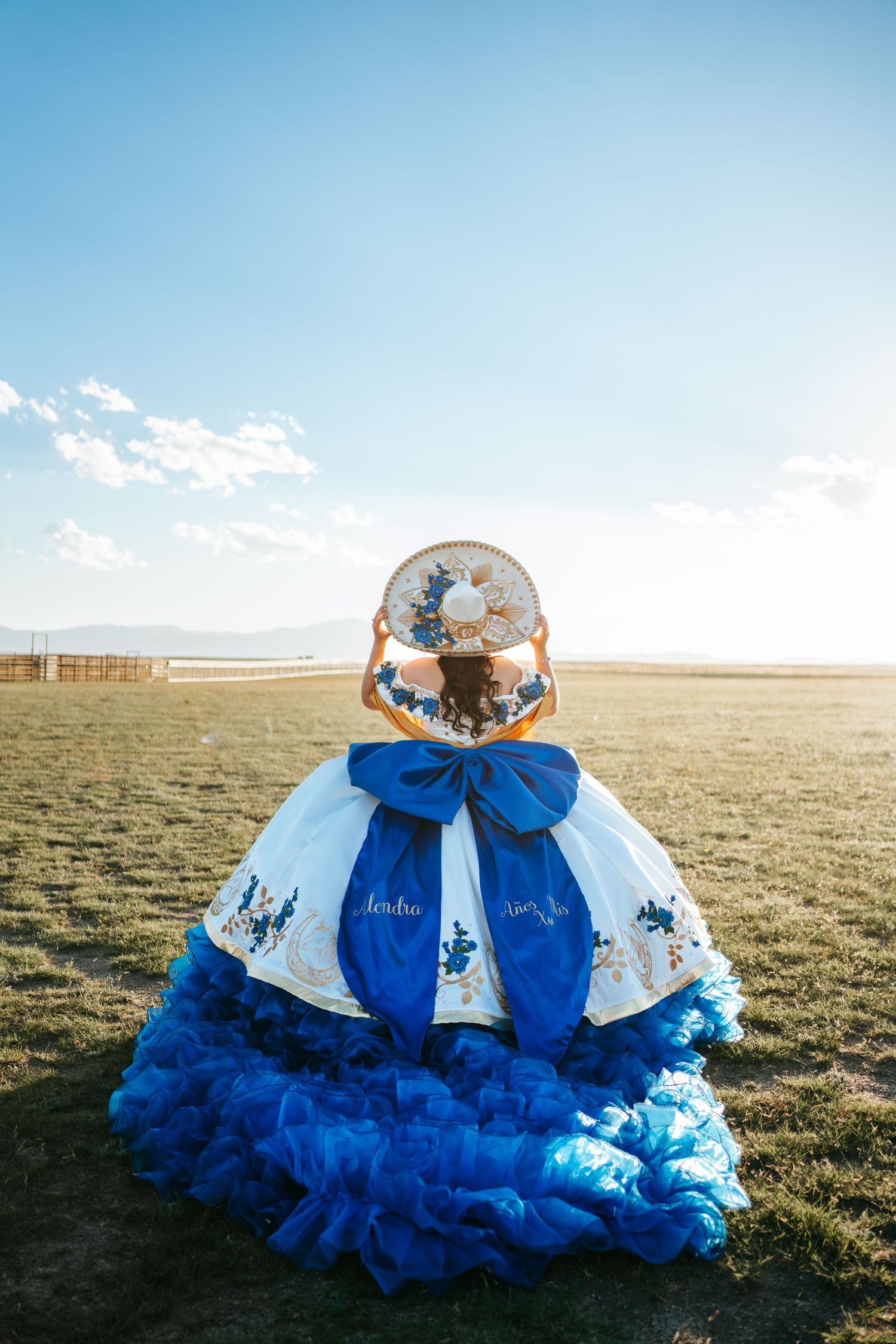 Back view of quinceañera in blue white ruffled gown holding sombrero in open field.