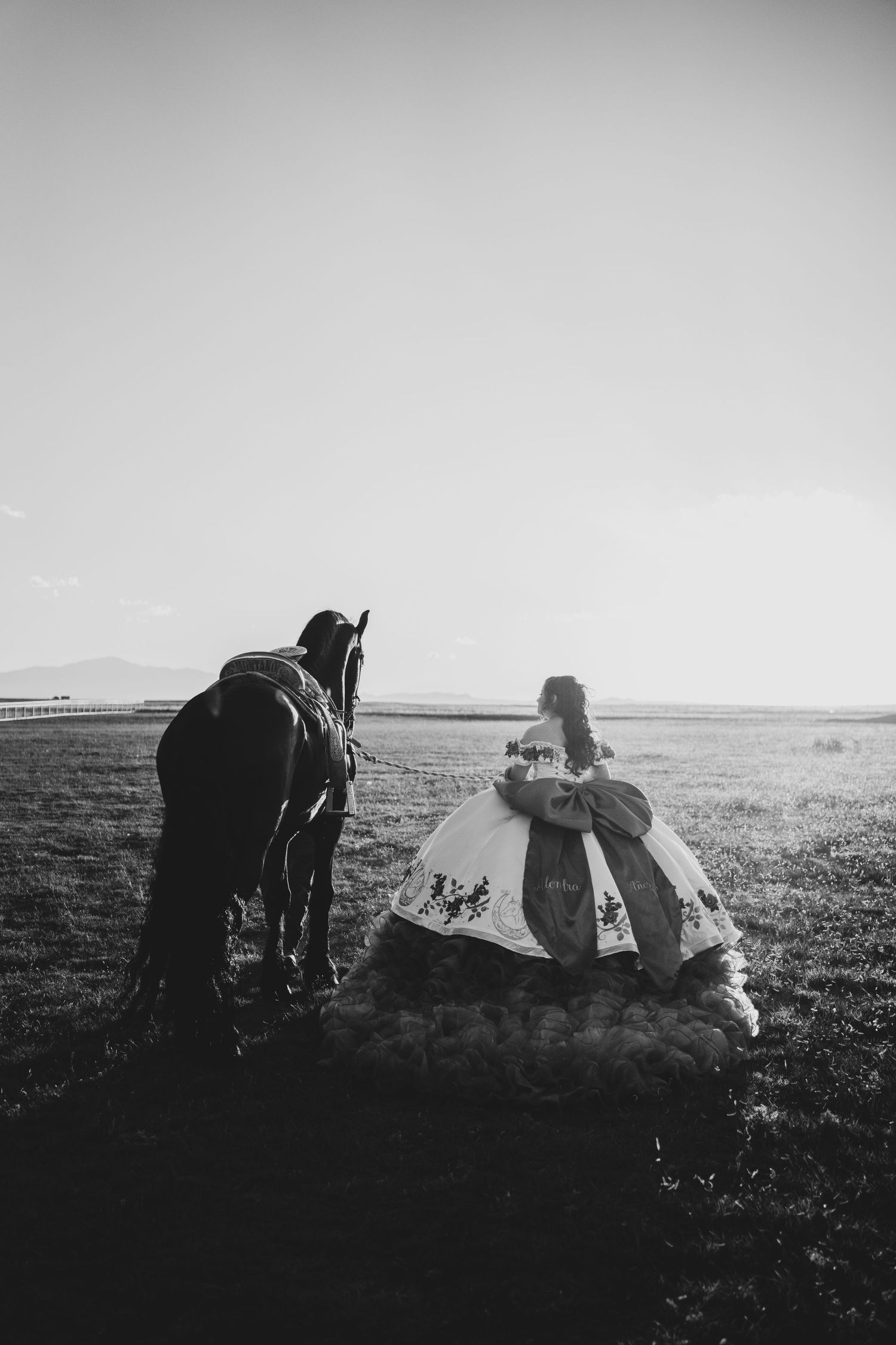 Black and white photo of quinceañera in ball gown sitting near black horse in open field.