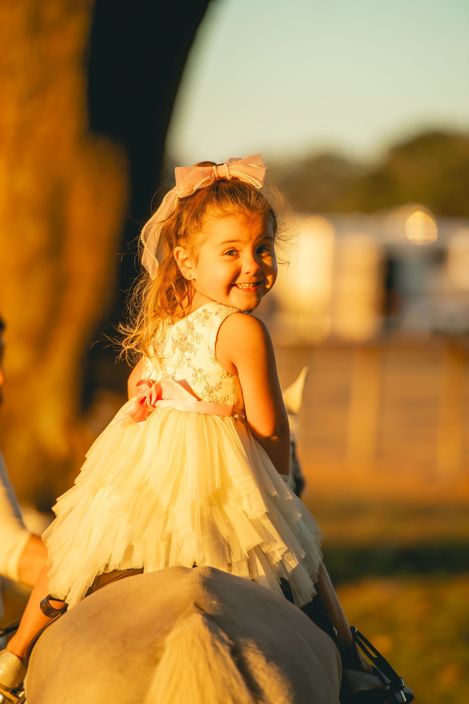 Young rider in tulle dress sits atop horse during golden sunset.