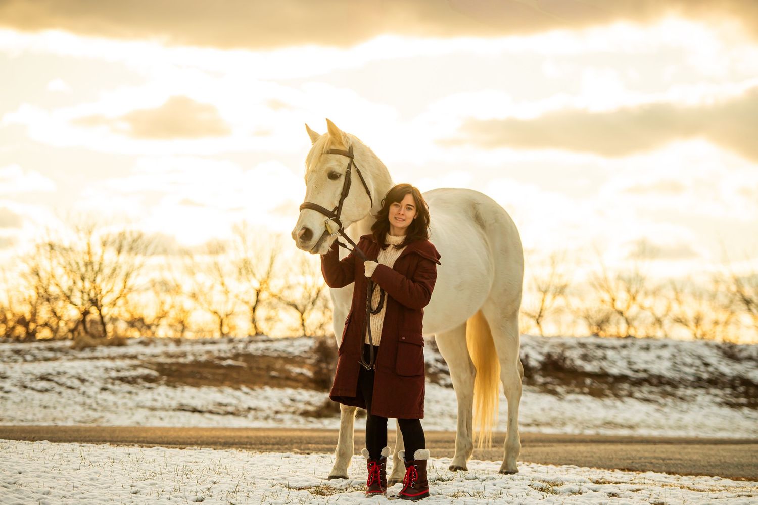 A white horse and companion in burgundy stand together against a dramatic sunset sky.
