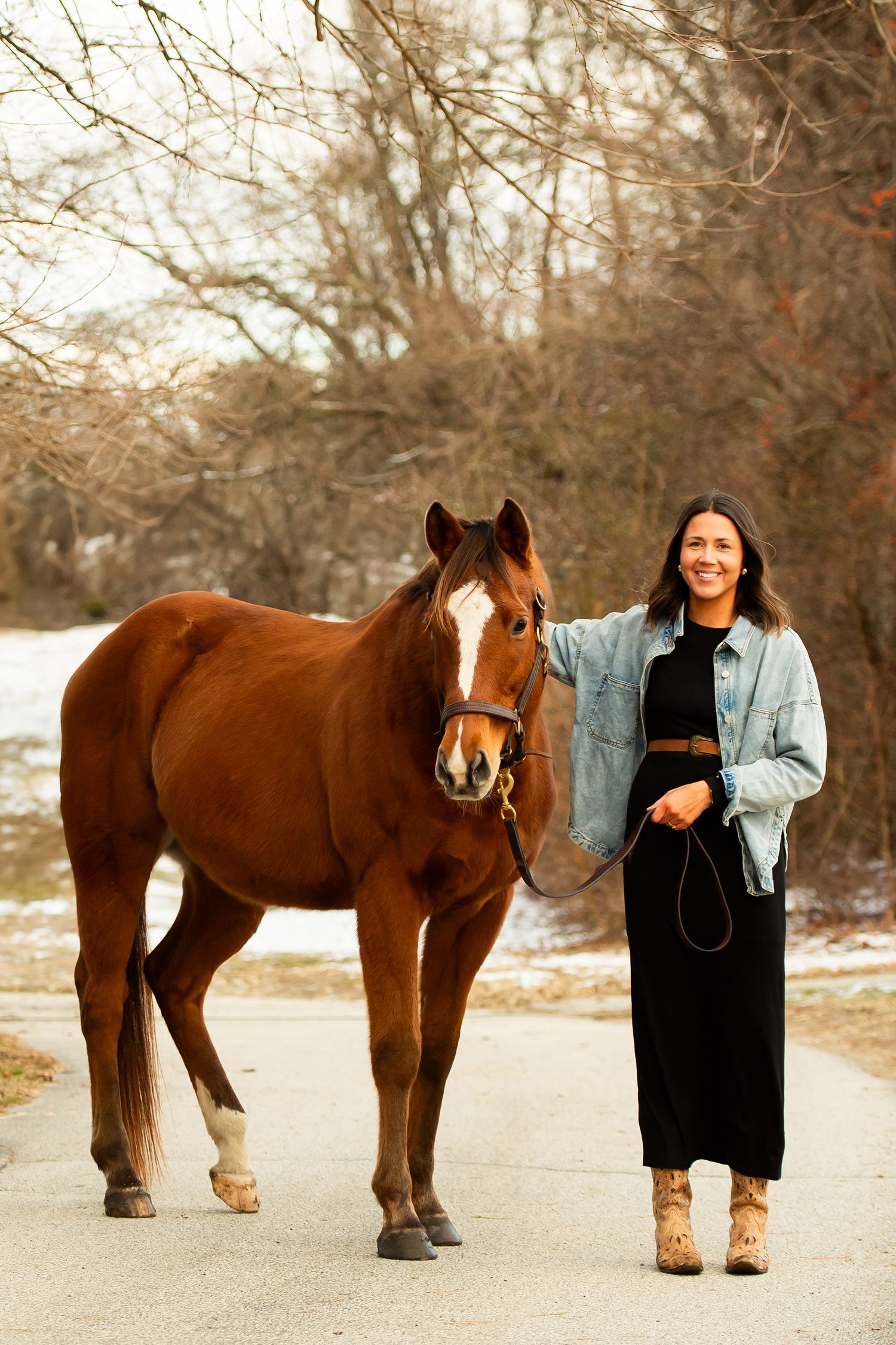 A chestnut horse and someone in denim and black dress walk along a snowy path.